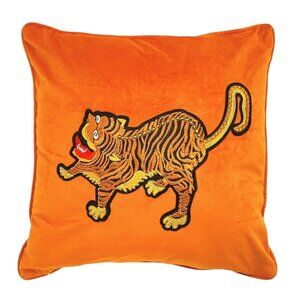 Pillow Tiger Design on Orange Velvet Fabric Colourful Whimsical Decor